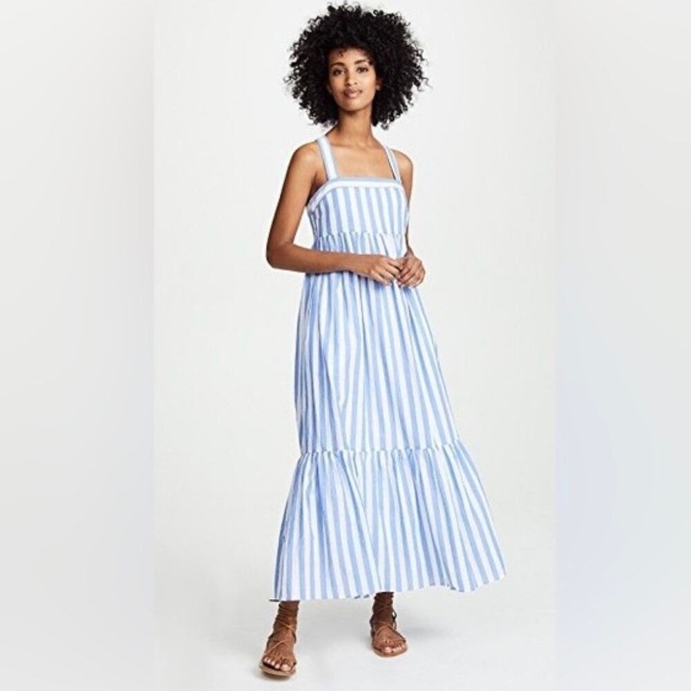 English Factory Hallowell Blue Striped Maxi Dress Sz Small Ruffle Hem Tuckernut